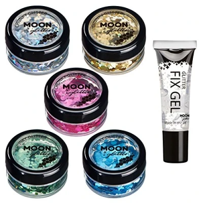 Abbildung von Holographischer grober Glitzer von Moon Glitter 100% kosmetische für Gesicht, Körper, Nägel, Haare und Lippen 3g Set mit 5 Farben