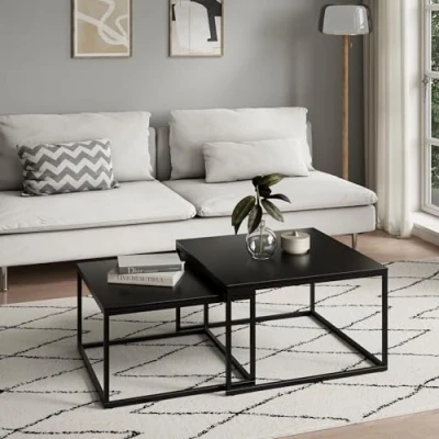 Abbildung von Home Collective Couchtisch 2er Set quadratisch aus Holz, Wohnzimmertisch Modern (Büro Beistelltisch Loft Design TWIN, kratzfeste Oberfläche, 2 in 1), schwarz, 1 mit Metallgestell für Wohnzimmer