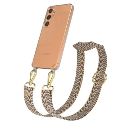 Abbildung von EAZY CASE Handykette mit verstellbarem Trageriemen kompatibel Samsung Galaxy S24 Taschengurt transparenter Handyhülle für Hülle dünner Schulterriemen in Braun Gold