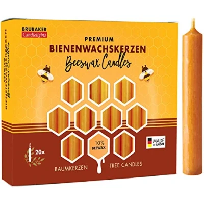 Abbildung von BRUBAKER Bienenwachskerze Honig gelbe Baumkerzen aus echtem Bienenwachs (rauchfreie Weihnachtskerzen, Pyramidenkerzen mit festlichem Weihnachtsduft, 20 tlg), 10% oder 100% Bienenwachs, Mehrfachpackung Christbaumkerzen