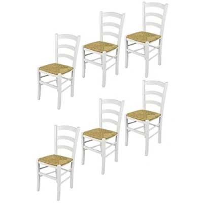 Abbildung von t m c s Tommychairs 6er Set Stühle Venezia für Küche und Esszimmer, Robuste Struktur aus lackiertem Buchenholz im Farbton Weiss (deckend) Sitzfläche Stroh