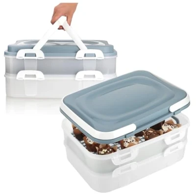 Abbildung von com four® 2x Partycontainer mit je 2 Etagen und Hebeeinsatz Kuchen Transportbox Lebensmittel Frischebox Kuchencontainer Tragegriffen Muffinbehälter (2 Stück pastell blau grau)
