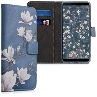 Abbildung von kwmobile Wallet Case kompatibel mit Samsung Galaxy A7 (2018) Hülle Cover Ständer und Kartenfächern Magnolien Taupe Weiß Blaugrau