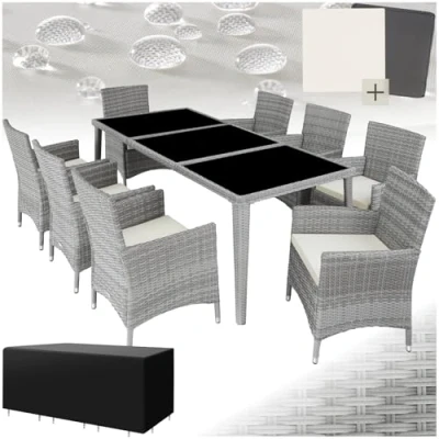 Abbildung von tectake Aluminium Poly Rattan Gartenmöbel Set 8 Stühle mit Tisch Glasplatten, inkl. 2 Bezugssets und Schutzhülle, wetterfeste Balkon Möbel hellgrau
