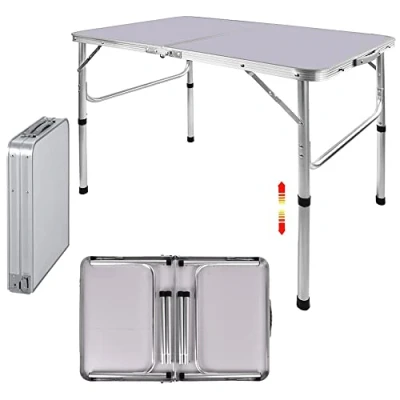 Abbildung von DayPlus Aluminiumklapptisch, tragbar, für Party, Garten, Grill, Campingtisch, 2 Stufen höhenverstellbar, leicht, zusammenklappbar, den Außenbereich, Picknick, Kochen, Weiß, Größe aufgeklappt: 90 x