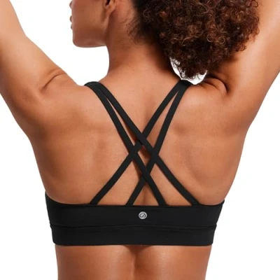 Abbildung von CRZ Yoga Damen Ohne Bügel Sport BH Gekreuzt Rücken Spaghetti Top Abnehmbare Pads Croptop Schwarz Logo XS