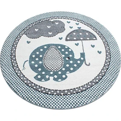 Abbildung von Carpetsale24 Kinderteppich Elefant Blau 120 cm Rund Spielteppich mit Sternen Kuschelig, Allergikergeeignet &amp; Hautfreundlich