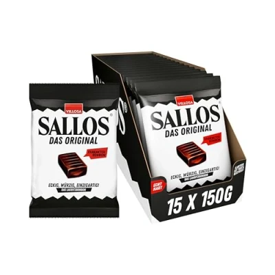 Abbildung von SALLOS das Original Vorrats Pack Lakritz Bonbon mit Kräutern, aus natürlichem Süßholzsaft, würzige Kombination, vegan, im Pack, 15 x 150 g