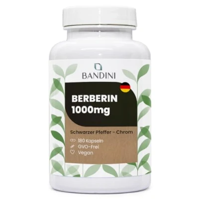 Abbildung von Bandini® Berberin 1040mg rein hochdosiert 180 vegane Kapseln Reines HCl aus Berberis Aristata 97% + Chrom und Schwarzer Pfeffer Maximale Absorption Verdauung, Leber, Darmfunktion