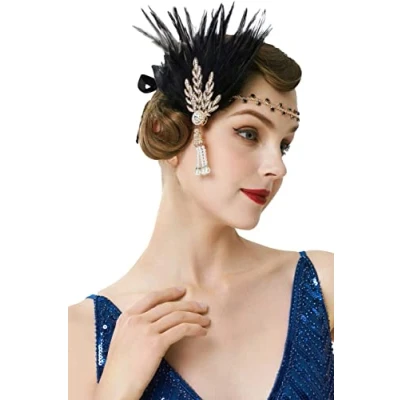 Abbildung von BABEYOND Damen Feder Stirnband 1920s Stil Flapper Art Deco Inspiriert von Great Gatsby Blatt Blinkende Kristalle Haarband (Gold)
