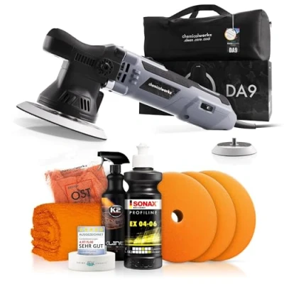 Abbildung von Poliermaschinen Set: chemicalworkz DA9 Exzenter Poliermaschine + Sonax One Step Politur Royal Pads Polierpads Zubehör Auto Lack Politur, Kratzer entfernen, Aufbereitung 8 teilig