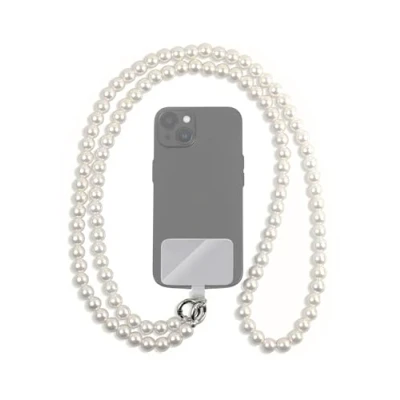 Abbildung von GD GOOD.designs Handykette mit perlmuttfarbenen Perlen Universal Umhängeband inkl. Patch für jede Handy Hülle Handyband zum Umhängen (Länge 130cm)