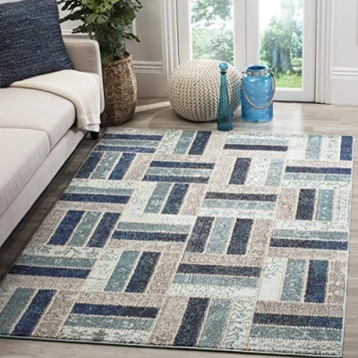 Abbildung von SAFAVIEH Boho Teppich für Wohnzimmer, Esszimmer, Schlafzimmer Monaco Collection, Kurzer Flor, Grau und Blau, 201 X 279 cm