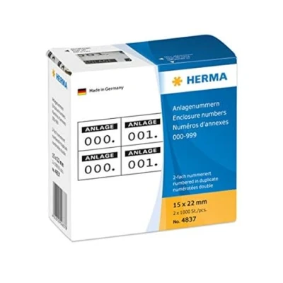 Abbildung von HERMA 4837 Nummernetiketten Zahlen 0 999, doppelt, 2000 Stück, 22 x 15 mm, selbstklebend, matt, 2fach fortlaufende Papier Zahlenetiketten Anlagenummern in Spenderbox, schwarz