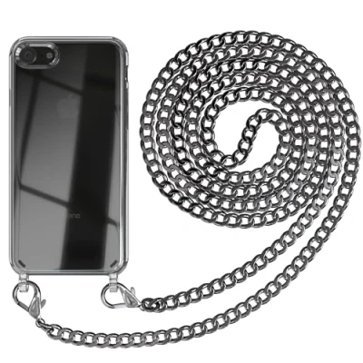 Abbildung von EAZY CASE Handykette kompatibel mit iPhone SE (2022/2020) / 8/7 Handyhülle Metal Umhängeband und Ersatz Kordel Schwarz, Handykordel Schutzhülle, Stylische Kette, Anthrazit