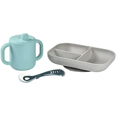 Abbildung von Béaba aus Silikon für Babymahlzeiten, Set Lernmahlzeiten, 3 teilig, Teller mit Unterteilung+Tasse+Löffel,Gesundes und nachhaltiges Silikon, spülmaschinenfest, mikrowellengeeignet, blau