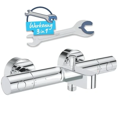 Abbildung von GROHE Precision Get Thermostat Wannenbatterie (für die Wandmontage, S Anschlüsse, mit Schmutzfangsiebe, ergonomischer Metallgriff), chrom, 34774000