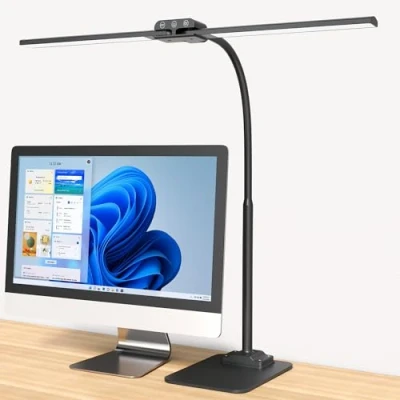 Abbildung von KableRika Schreibtischlampe LED Dimmbar: Doppelkopf für Homeoffice Augenschutz tageslichtlampe schreibtisch mit Metallbasis büro tischlampe schreibtischleuchte schwarz