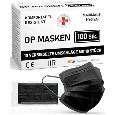 Abbildung von ADESTE 100x schwarze Einweg OP Masken Typ IIR, 3 lagig, spritzwassergeschützt, konform mit UNI EN 14683:2019+AC:2019, BFE &gt;98%