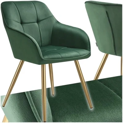 Abbildung von tectake® Samt Stuhl, Esszimmerstuhl mit Stepp Samtstoff, Küchenstühle modern, gemütlicher Sessel Wohnzimmer, Armlehnstuhl Esszimmer, Dining Lounge, Schminktisch Stuhl dunkelgrün/Gold