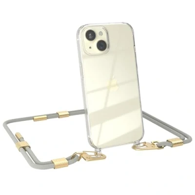 Abbildung von EAZY CASE Handykette mit Karabiner kompatibel iPhone 15 Hülle Silikon Fallschutz transparente Handyhülle für Kette zum Umhängen Schutzhülle in Taupe Clips Gold