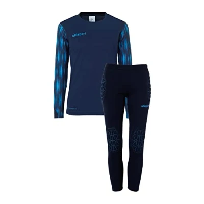 Abbildung von uhlsport Reaction Goalkeeper Set JUNIOR Jugend Torwart Torhüter Fußball aus gepolstertem Shirt und Hose, komplette Torhüterbekleidung/Set für Jugendliche Marine/Fluo blau Größe 116
