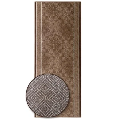 Abbildung von Floordirekt Teppichläufer mit Muster maßgefertigter Feinschlingen Teppich Läufer für Küche, Flur &amp; Wohnraum Ornament Vintage Orient Gitter (80 x 250 cm, Olymp Braun)
