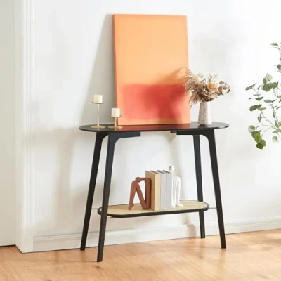 Abbildung von en.casa Konsolentisch, »Taivalkoski« Bambus 100x35x80 cm Schwarz / Rattanoptik