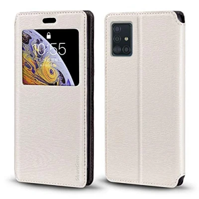 Abbildung von Samsung Galaxy A51 Hülle, Holzmaserung Leder Hülle mit Kartenfach und Fenster, Magnet Flip Cover für (Weiß)