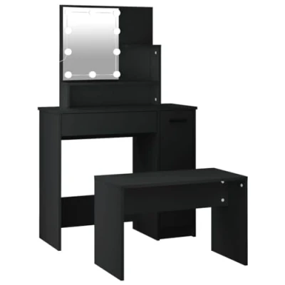 Abbildung von vidaXL Schminktisch Set, Frisiertisch mit LED Beleuchtung, Kosmetiktisch viel Stauraum, Schlafzimmer Tisch Make up Tisch, Modern, Schwarz Holzwerkstoff