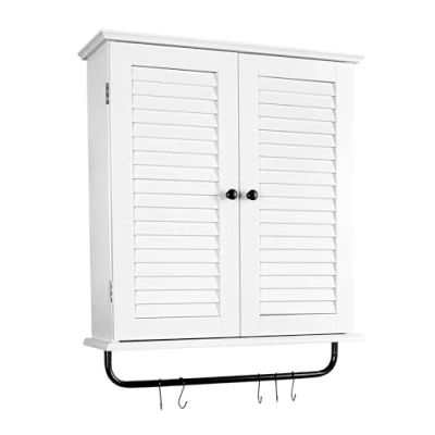 Abbildung von Leomark Weiß universeller Schrank Serie Meghan mit schwarzen Metall Kleiderbügel und 5 Haken Badschrank provenzalischer Stil, 19,5 x 59,5 62,5 (H) cm, Wandmontage