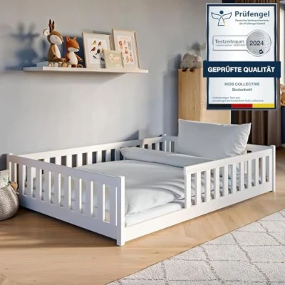 Abbildung von Kids Collective Kinderbett Bodenbett Bett mit Rausfallschutz &amp; Lattenrost Montessori Kinder (weitere Größen 80x160, 90x200, 120x200 cm), Gitterbett Jugendbett weiß Holz massiv Junge Mädchen 140x200cm