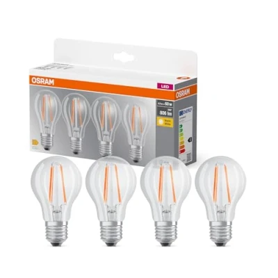 Abbildung von OSRAM LED BASE A60, Vorteilspack mit 4 Leuchtmittel, ersetzt herkömmliche 60W Glühbirnen, 6.5W, warmweiß (2700K), Filament Glas, nicht dimmbar, Birnenform, E27