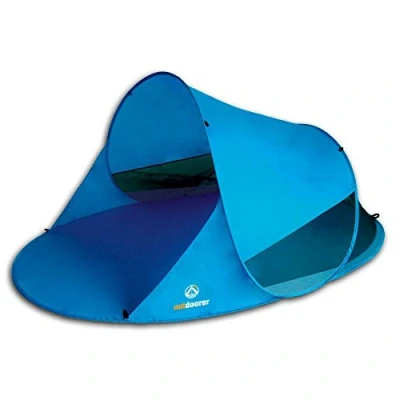 Abbildung von outdoorer Pop up Strandmuschel Zack II Wurf mit UV Schutz 60, Sonnenschutz und Windschutz am Strand (blau)