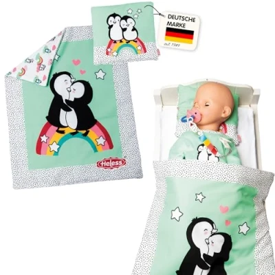 Abbildung von Puppen Bettdecke Pinguin P&uuml;nktchen (44 x 34 cm) mit Kissen (16 16 cm