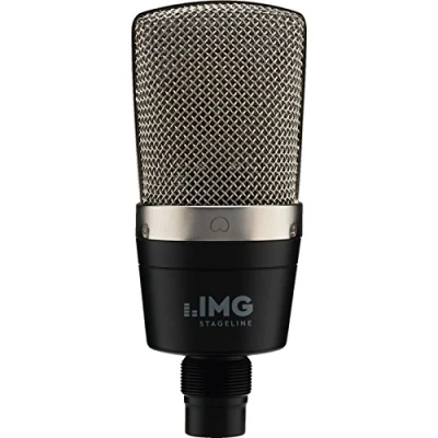 Abbildung von IMG STAGELINE ECMS 60 Großmembran Kondensator Mikrofon, Vokal und Instrumenten Mikro für den professionellen Studio Einsatz inkl. Mikrofon Halter, Adapterschraube Ledertasche, in Schwarz/Silber
