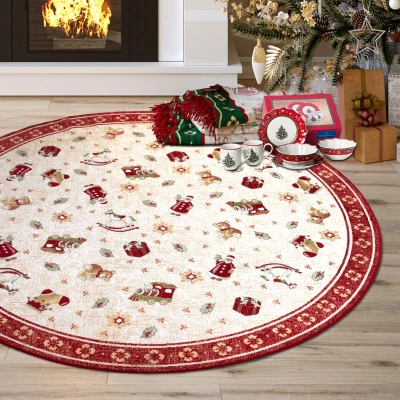 Abbildung von Villeroy &amp; Boch Design Teppich Nostalgic Shine Rund Toy&#039;s Delight Christbaum Decke, Weihnachten Tannenbaum Weihnachtsbaum für Wohnzimmer, Schlafzimmer, Esszimmer, Flur Rot Multifarben, 200 cm