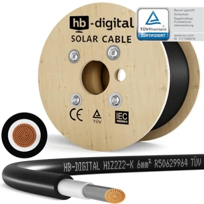 Abbildung von HB DIGITAL 500m Solarkabel H1Z2Z2 K TÜV Rheinland zertifiziertes 6mm² flexibel UV witterungsbeständig PV Kabel reines Kupfer 1500V DC für Solarpanel Wechselrichter Photovoltaik Schwarz