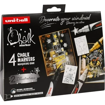 Abbildung von UNI Ball 186831 Kreidemarker Set Xmas skand, 4 Marker mit 2 Schablonen, CHALK MARKER, Kreidestifte für Fenster