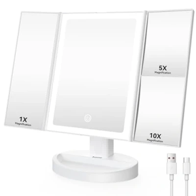 Abbildung von Auxmir Kosmetikspiegel mit 1X/5X/10X Vergrößerung, Schminkspiegel LED Beuleuchtet 3 Lichtfarben, Wiederaufladbar Faltbar Make Up Spiegel Dimmbar Licht, USB Aufladbar