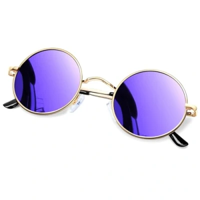Abbildung von KANASTAL Runde Sonnenbrille Herren Damen Klassische Retro Polarisierte Rund mit Metallrahmen Vintage Hippie Rave Brille UV400 Schutz, Gold Rahmen Verspiegelt Lila Gläser