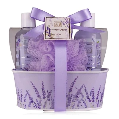 Abbildung von Accentra Duschset Frauen Geschenkset LAVENDEL in schöner Metallbox 4 teiliges Pflegeset mit Duschgel, Bodylotion, Schaumbad &amp; Netzschwamm Wellness Geschenk Set zum Geburtstag, Valentinstag