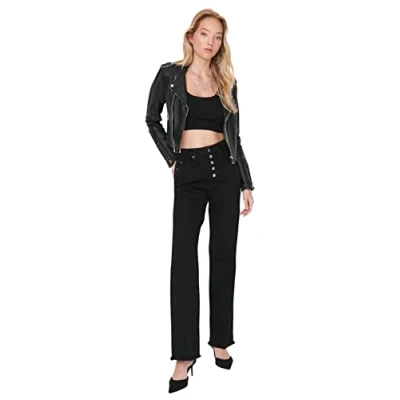 Abbildung von Trendyol Damen Herren Basic Hoher Bund Weites Bein der 90er Jeans, Schwarz, 42 EU