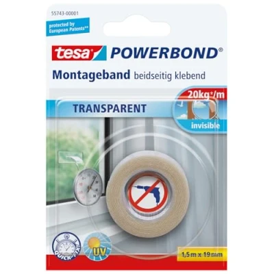Abbildung von tesa Powerbond Montageband Transparent doppelseitiges Klebeband durchsichtiges Montage transparent, 1,5 m x 19 mm, 1 Rolle