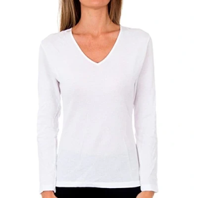 Abbildung von Playtex Damen Thermo Shirt mit V Ausschnitt 100 % Baumwolle lange Ärmel Natur x1 Shirt, Weiss, M