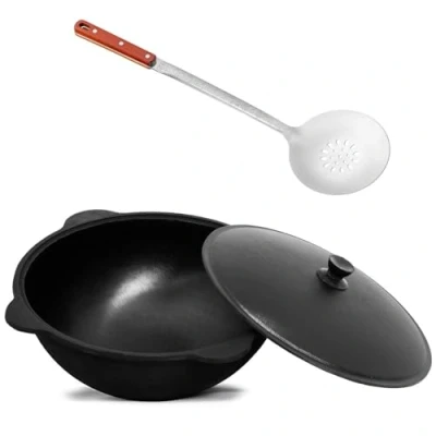 Abbildung von 4BIG.fun Grilltopf Gusseisen Kasan 10L Alu WOK Kessel Schaumkelle, (Gusseisener mit Deckel und Schaumkelle)