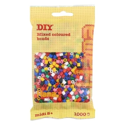 Abbildung von Hama Perlen 207 00 Bügelperlen Beutel mit ca. 1.000 bunten Midi Bastelperlen Durchmesser 5 mm im Volltonfarben Mix, kreativer Bastelspaß für Groß und Klein