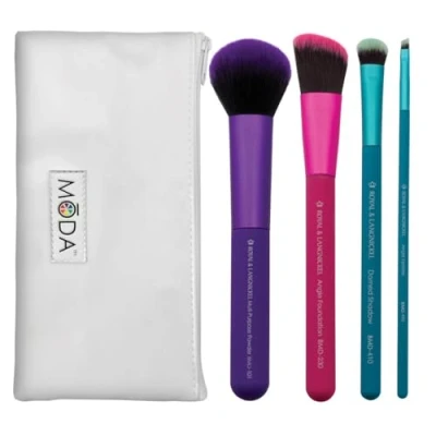 Abbildung von MODA Royal &amp; Langnickel Make up Pinsel Set mit Tasche, 5 teilig, Mehrzweck Puder, Winkel Foundation, gewölbter Schatten und Linerpinsel, mehrfarbig