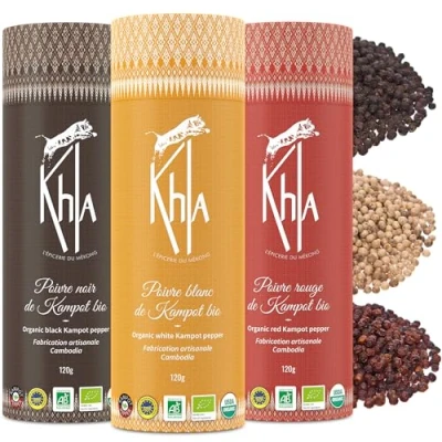 Abbildung von Khla 3er Kampot Pfeffer Geschenkset Schwarzer, Weißer, Roter Pfefferkörner Set 3 x 120g Gourmet Gewürzset Geschenkidee für Männer und Frauen Weihnachten, Geburtstag Aus Kambodscha