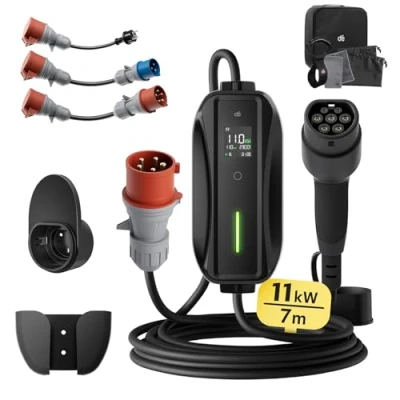 Abbildung von dé Mobile Wallbox/Ladestation 11kW [3 phasig7m6 16A] mit Traveller Adapter Set, Ladekabel CEE 16A auf Typ 2 und EV Ladegerät für Model Y/3, ID.3/4/5, MG4, EX30, e up, tron, Zoe andere